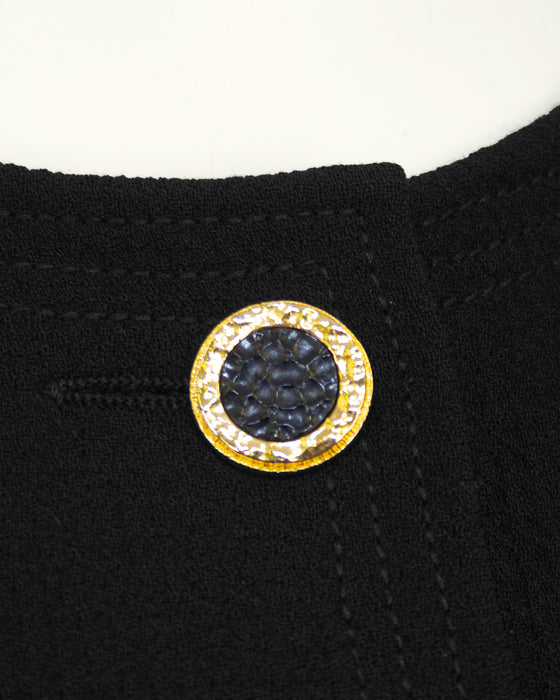 Black Collarless Jacket with Gold Buttons