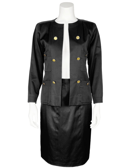 Black Polished Cotton Skirt Suit with Perfume Bottle Buttons