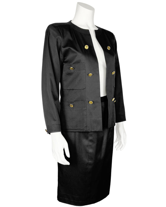 Black Polished Cotton Skirt Suit with Perfume Bottle Buttons