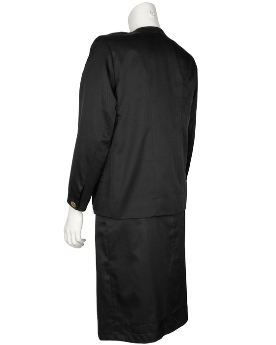 Black Polished Cotton Skirt Suit with Perfume Bottle Buttons