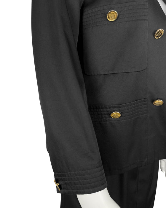 Black Polished Cotton Skirt Suit with Perfume Bottle Buttons