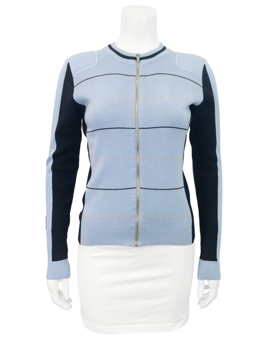 Blue and Black Zip Front Wool Cardigan with Rubber CC Patch