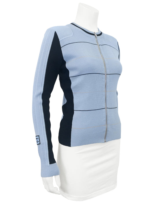 Blue and Black Zip Front Wool Cardigan with Rubber CC Patch