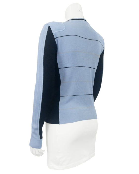 Blue and Black Zip Front Wool Cardigan with Rubber CC Patch