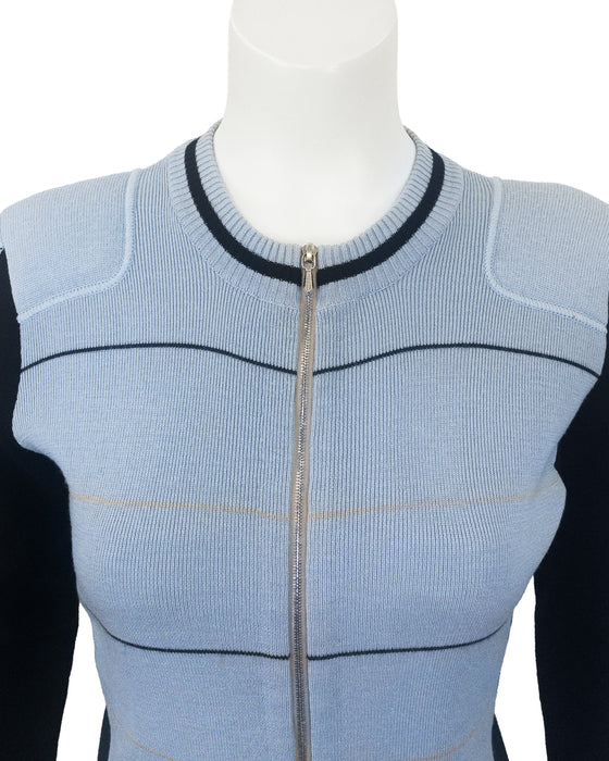 Blue and Black Zip Front Wool Cardigan with Rubber CC Patch