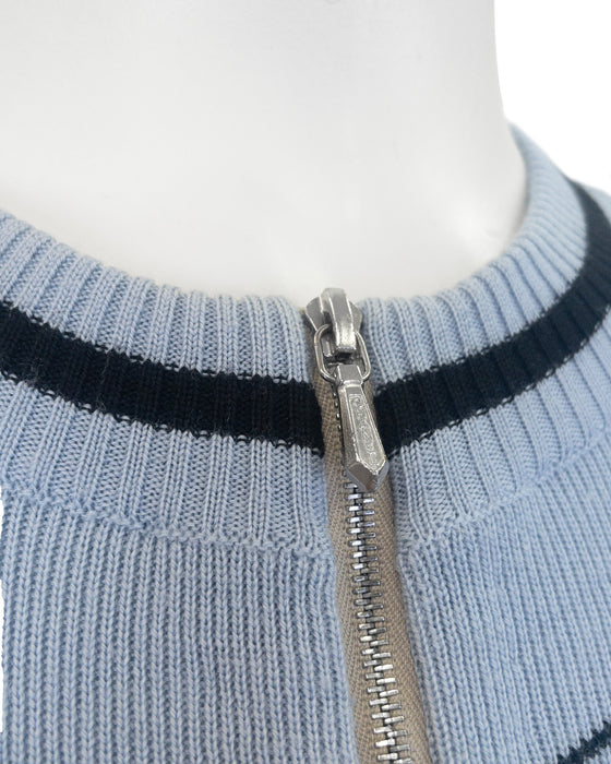 Blue and Black Zip Front Wool Cardigan with Rubber CC Patch