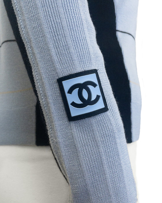 Blue and Black Zip Front Wool Cardigan with Rubber CC Patch