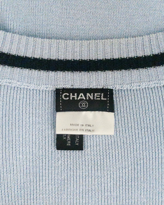 Blue and Black Zip Front Wool Cardigan with Rubber CC Patch