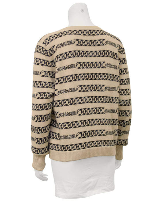 Beige and Black Cashmere Intarsia Chain Pattern Cardigan