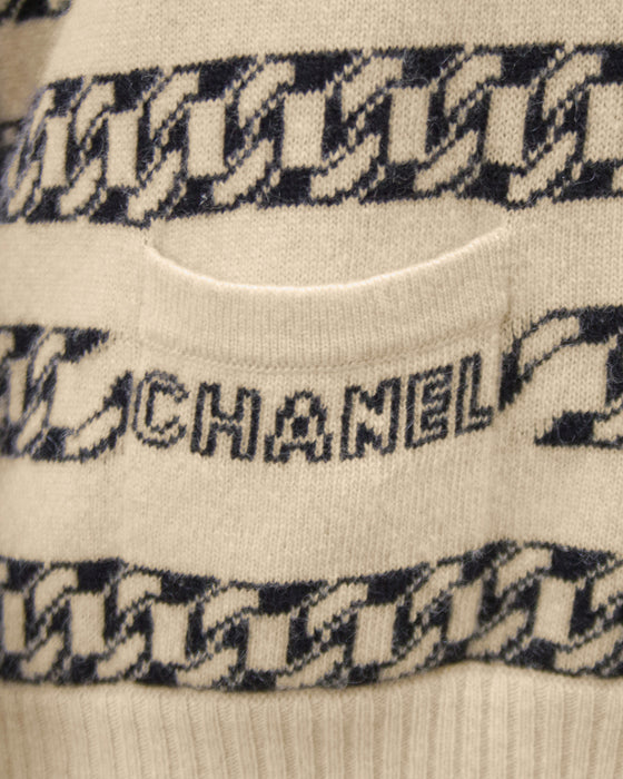 Beige and Black Cashmere Intarsia Chain Pattern Cardigan