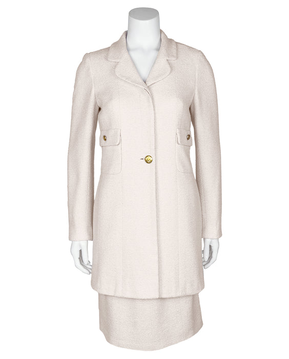 Cream Wool Bouclé Skirt Suit with Gold Buttons