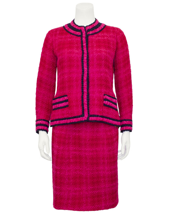 Pink Plaid Haute Couture Suit with Navy Trim