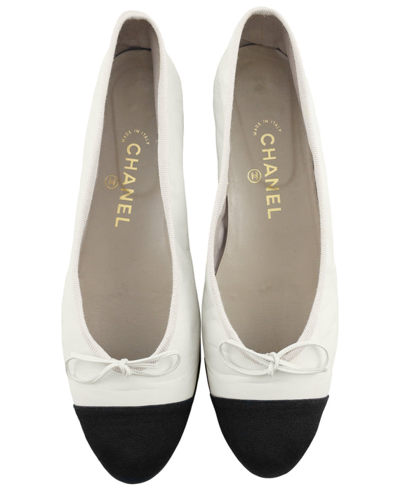 White Kid Leather & Black Grosgrain Ballet Flats