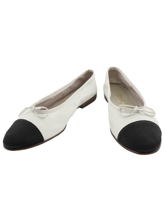 White Kid Leather & Black Grosgrain Ballet Flats