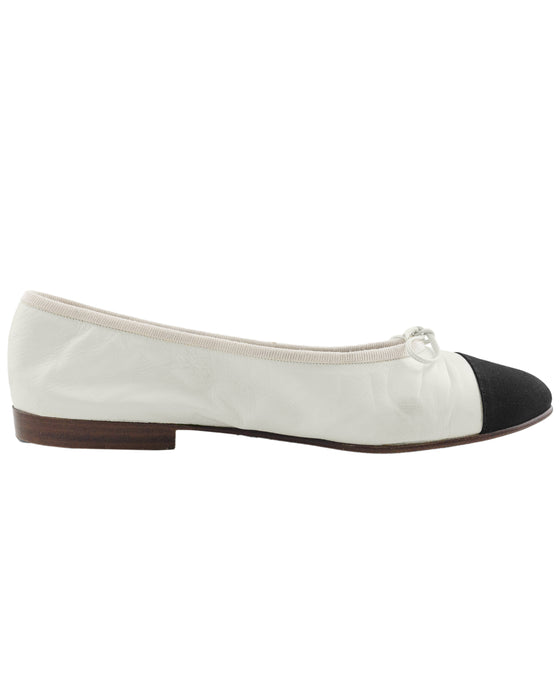 White Kid Leather & Black Grosgrain Ballet Flats