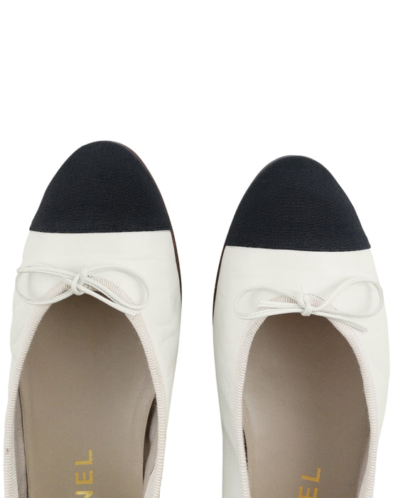 White Kid Leather & Black Grosgrain Ballet Flats