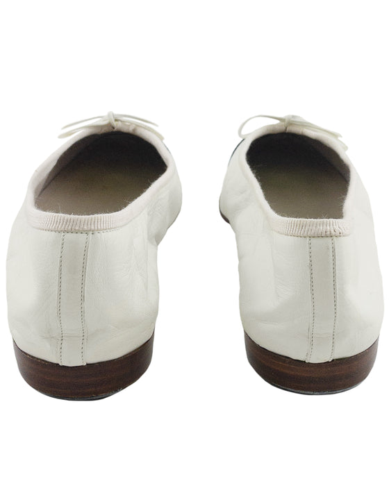 White Kid Leather & Black Grosgrain Ballet Flats