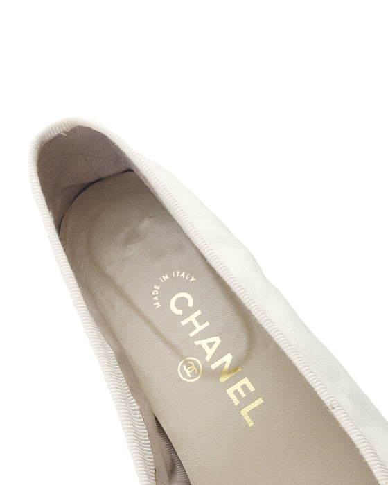 White Kid Leather & Black Grosgrain Ballet Flats