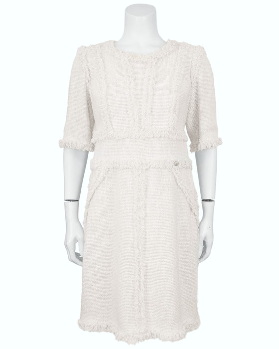 Cream Bouclé Dress with Frayed Trim
