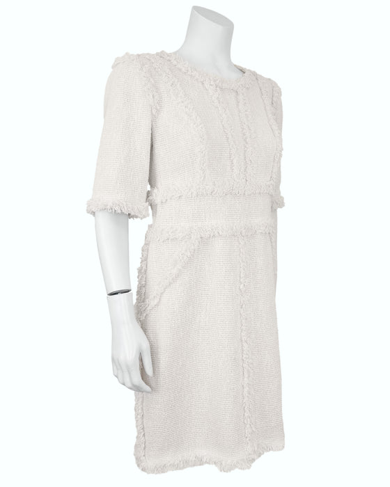 Cream Bouclé Dress with Frayed Trim