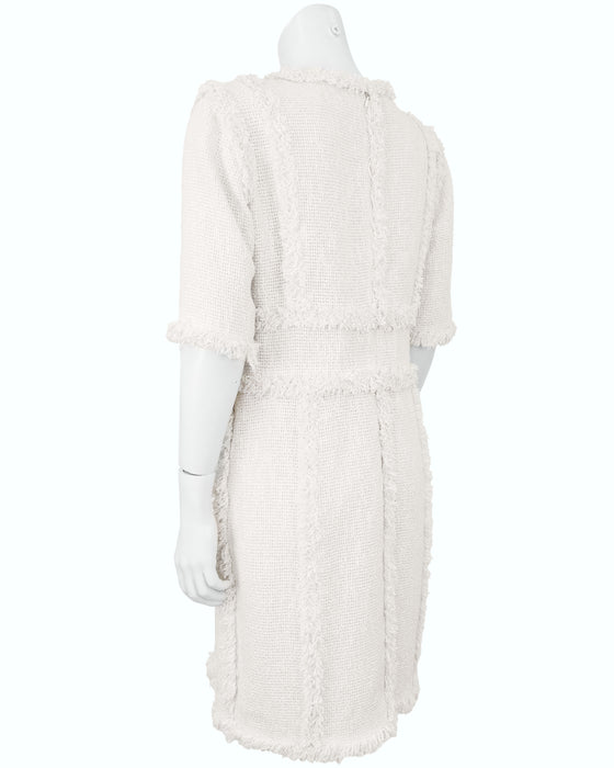 Cream Bouclé Dress with Frayed Trim