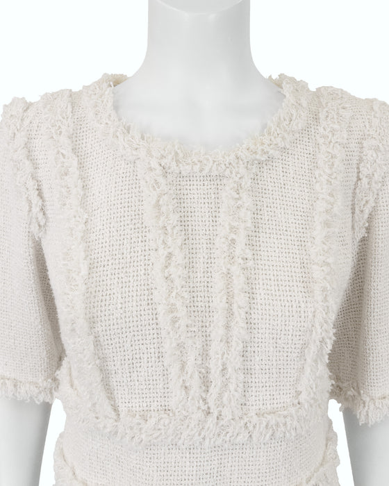 Cream Bouclé Dress with Frayed Trim
