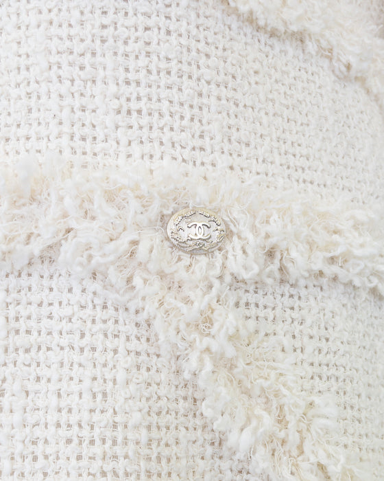 Cream Bouclé Dress with Frayed Trim