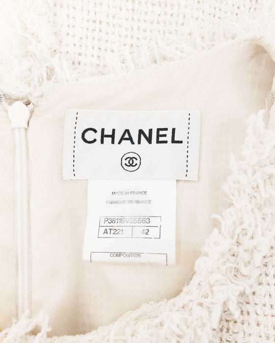 Cream Bouclé Dress with Frayed Trim