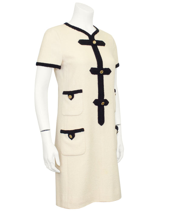 Cream Wool Dress with Black Passimenterie Trim Vintage Couture Cream Wool Dress with Black Passimenterie Trim Vintage Couture