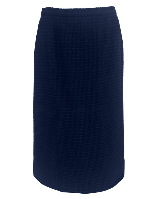 Navy Bouclé Suit Trimmed in Burgundy