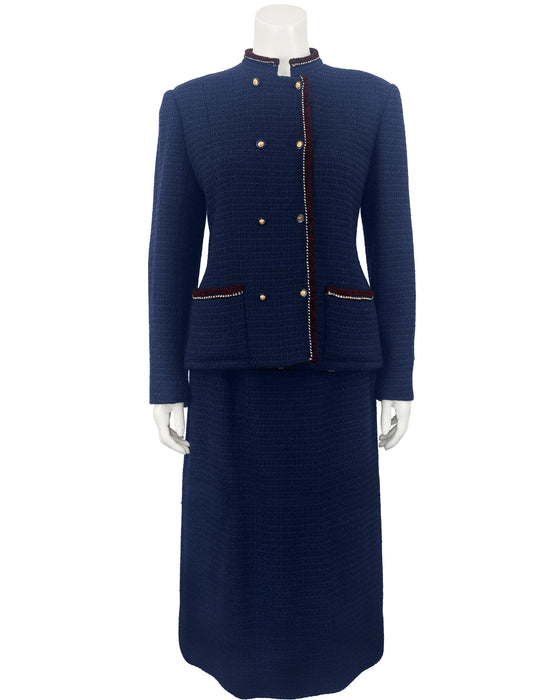 Navy Bouclé Suit Trimmed in Burgundy