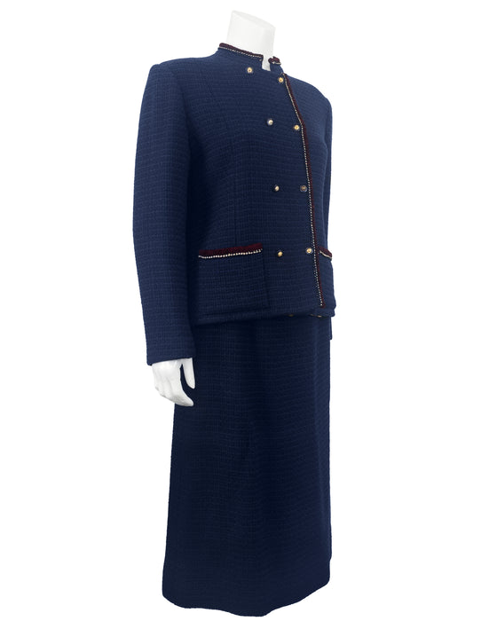 Navy Bouclé Suit Trimmed in Burgundy