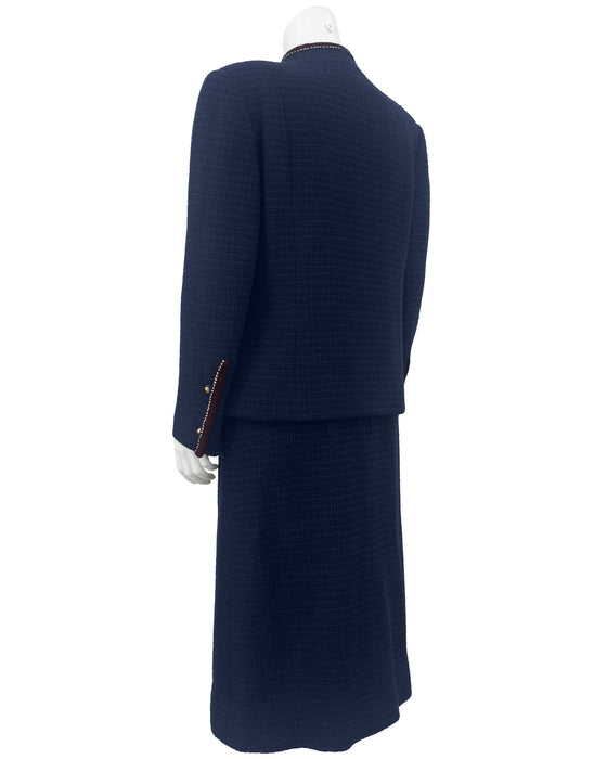 Navy Bouclé Suit Trimmed in Burgundy