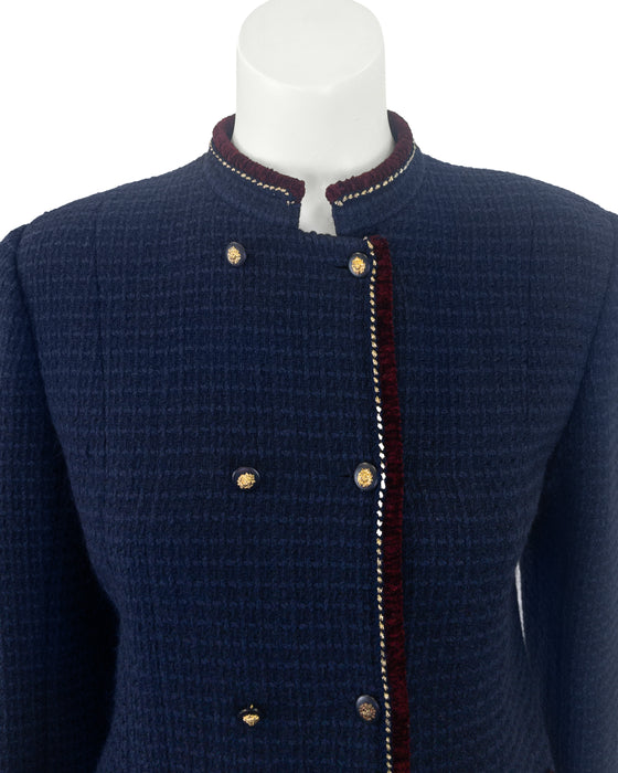 Navy Bouclé Suit Trimmed in Burgundy