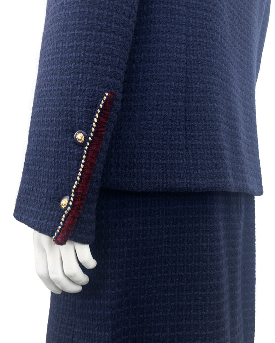 Navy Bouclé Suit Trimmed in Burgundy