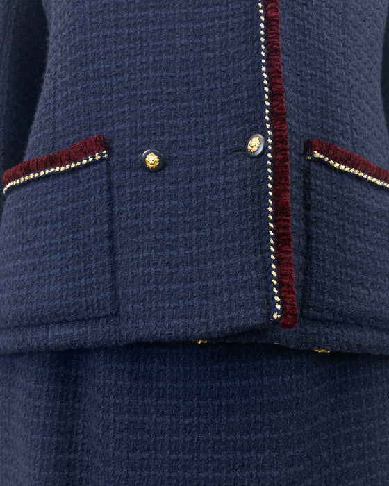 Navy Bouclé Suit Trimmed in Burgundy
