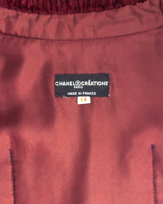Navy Bouclé Suit Trimmed in Burgundy