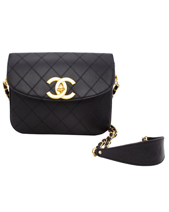 Black Leather Quilted Shoulder Bag with Chain
