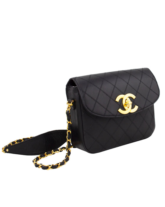 Black Leather Quilted Shoulder Bag with Chain