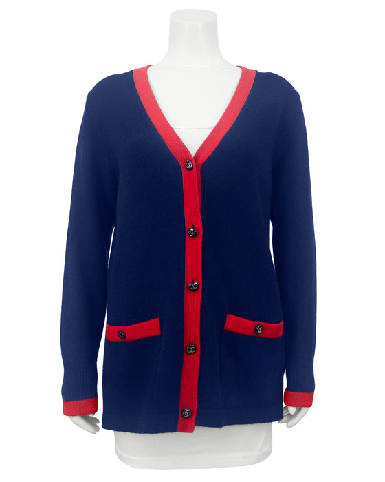 Navy and Red V-Neck Cashmere Cardigan