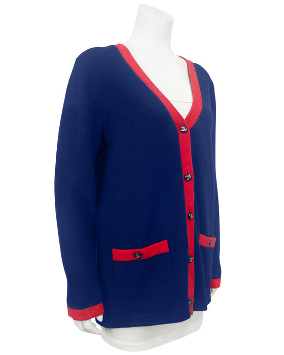 Navy and Red V-Neck Cashmere Cardigan