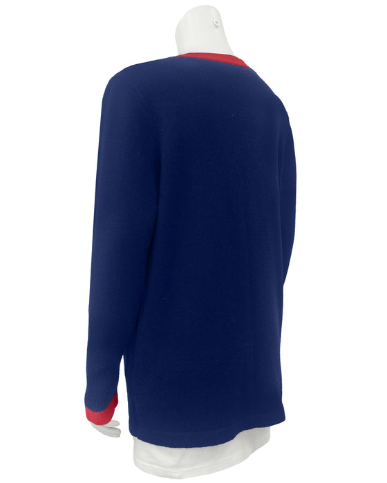 Navy and Red V-Neck Cashmere Cardigan