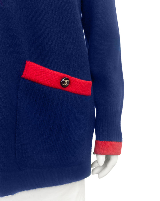 Navy and Red V-Neck Cashmere Cardigan
