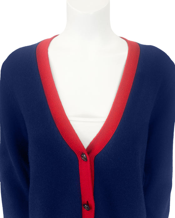 Navy and Red V-Neck Cashmere Cardigan