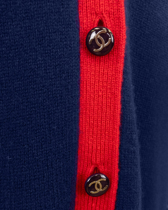 Navy and Red V-Neck Cashmere Cardigan