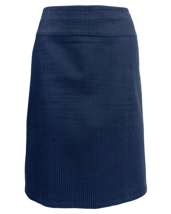 Navy Blue Waffle Cotton Skirt Suit Trimmed in White Woven Plastic