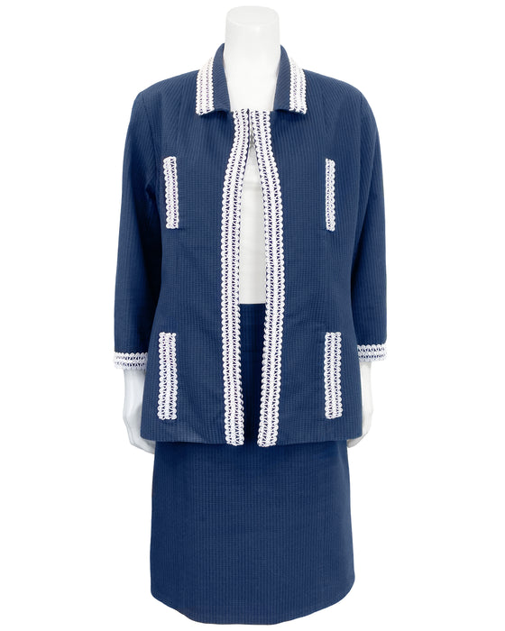 Navy Blue Waffle Cotton Skirt Suit Trimmed in White Woven Plastic
