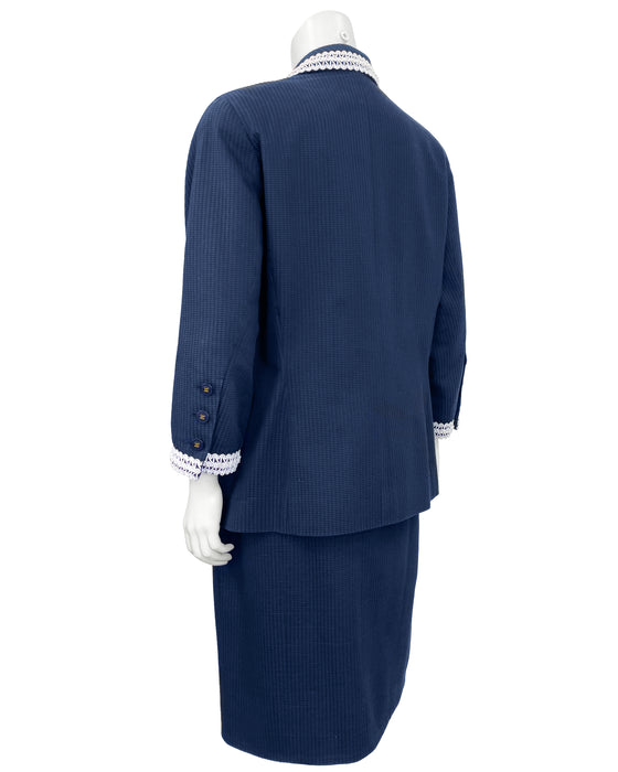 Navy Blue Waffle Cotton Skirt Suit Trimmed in White Woven Plastic