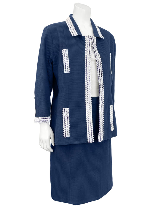Navy Blue Waffle Cotton Skirt Suit Trimmed in White Woven Plastic