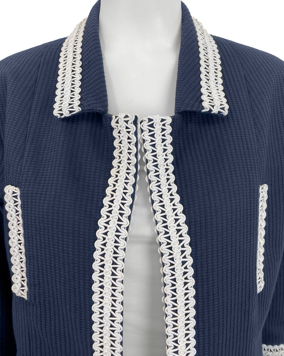 Navy Blue Waffle Cotton Skirt Suit Trimmed in White Woven Plastic